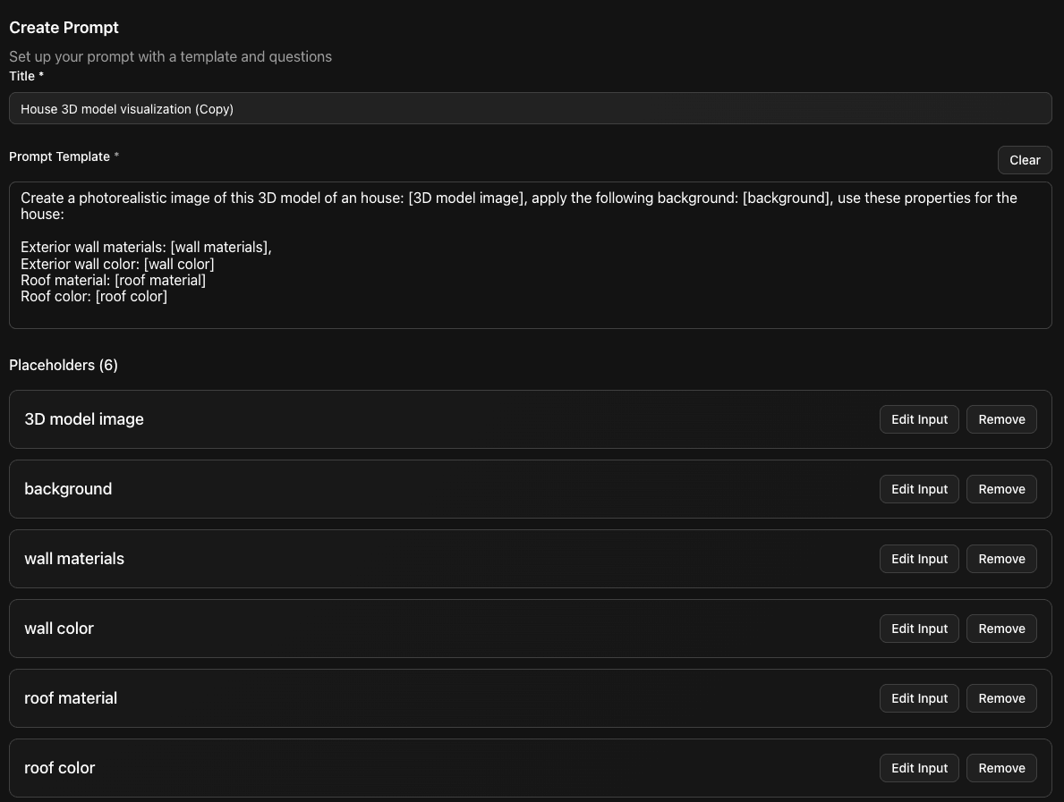 Screenshot of the custom prompt creation screen, showing how users can define their own input parameters and prompt templates.